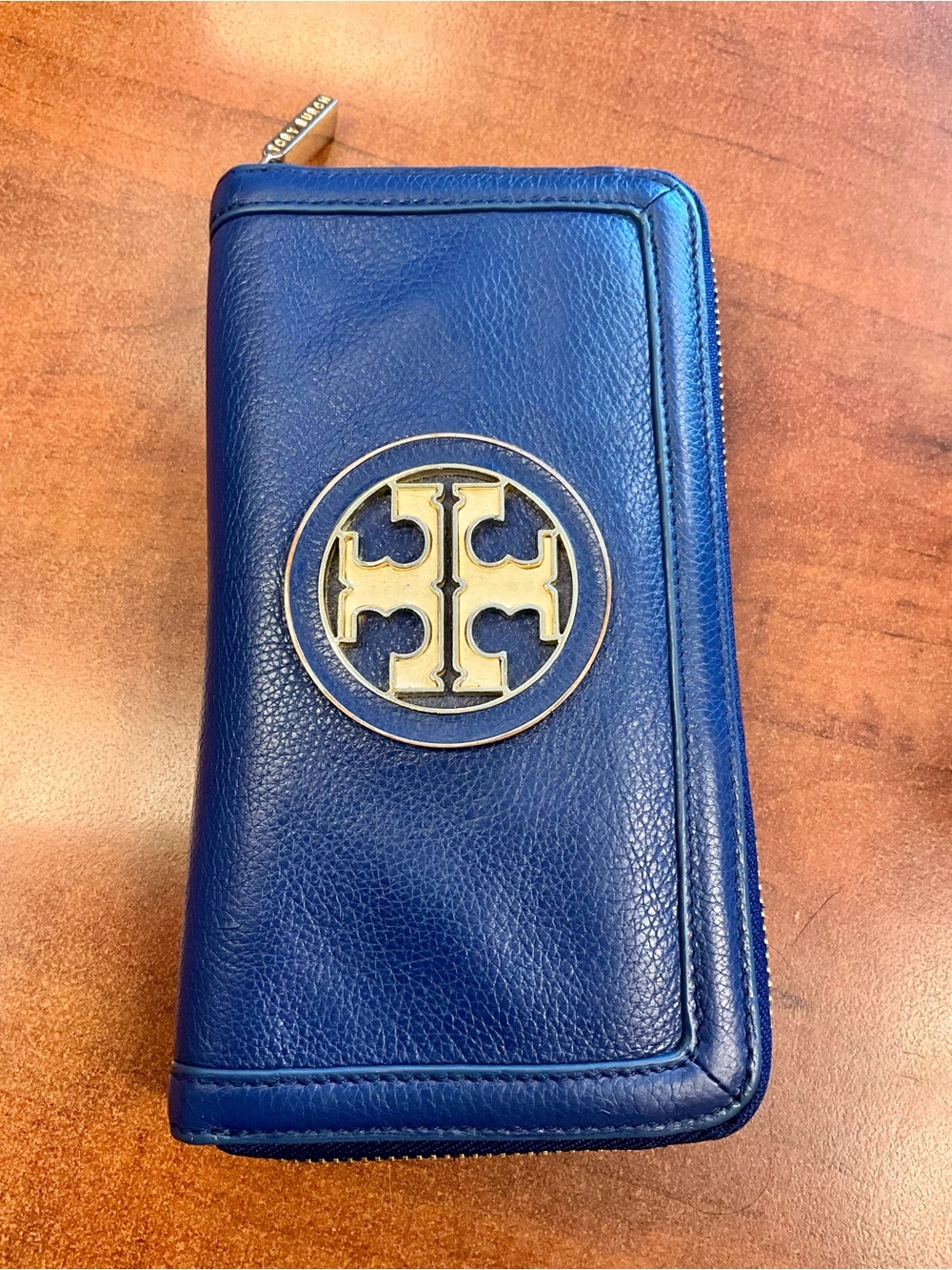 Tory Burch Navy Blue Leather Zip Wallet with Gold Logo